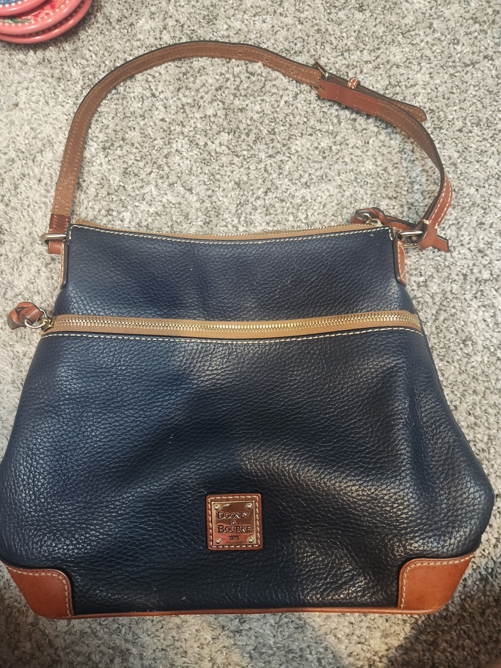 Dooney & Bourke Navy Pebbled Leather Shoulder Bag with Tan Trim